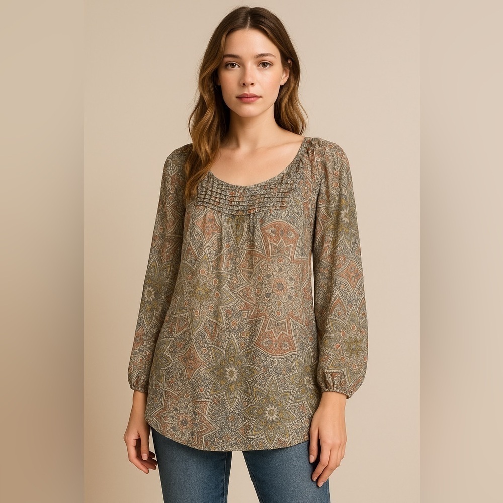 Vintage Y2k Retro Sheer Paisley Pintuck Peasant Blouse Tunic Beqch Boho Hippie M